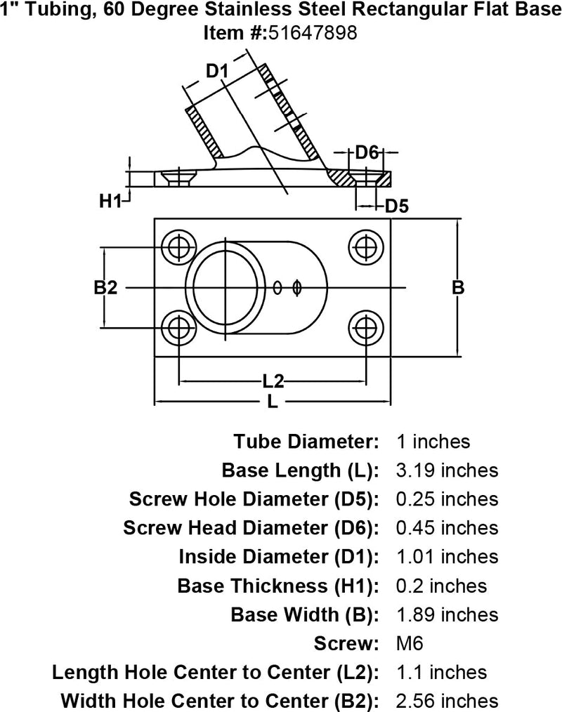 1 Tubing 60 Degree Stainless Steel Rectangular Flat Base specification diagram