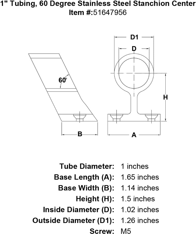 1 Tubing 60 Degree Stainless Steel Stanchion Center specification diagram