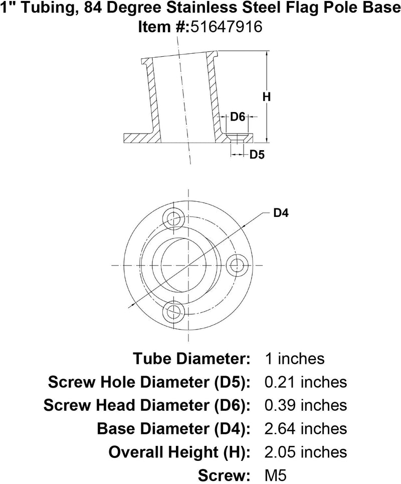 1 Tubing 84 Degree Stainless Steel Flag Pole Base specification diagram