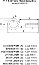 1 X 3 1 2 Zinc Plated Screw Eye specification diagram