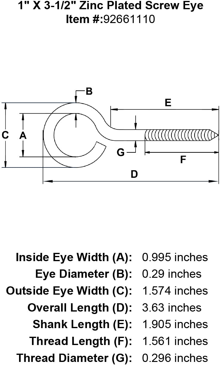 1 X 3 1 2 Zinc Plated Screw Eye specification diagram