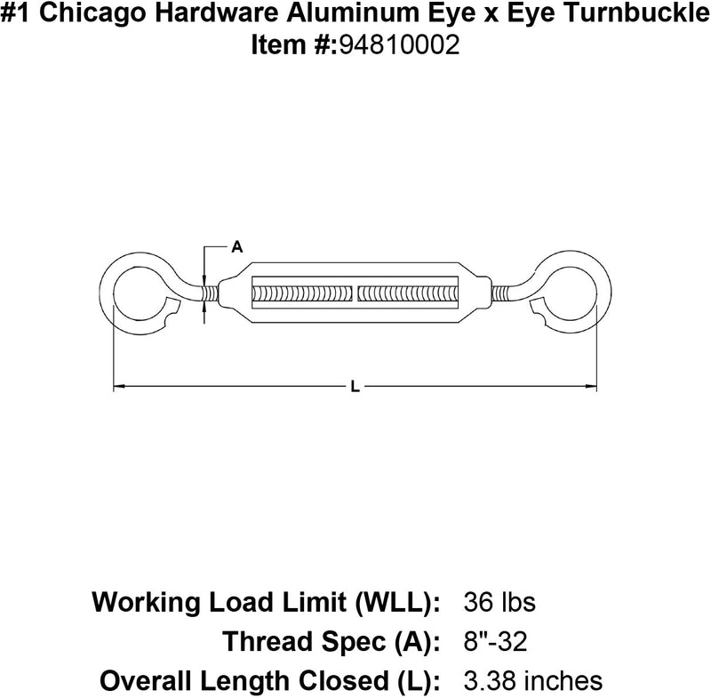 1 chicago hardware aluminum eye x eye turnbuckle specification diagram