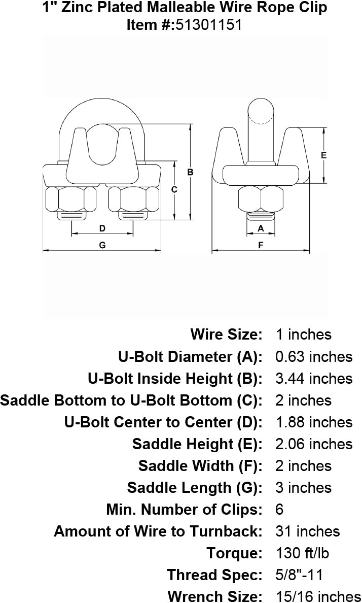 1 inch Malleable Wire Rope Clip specification diagram