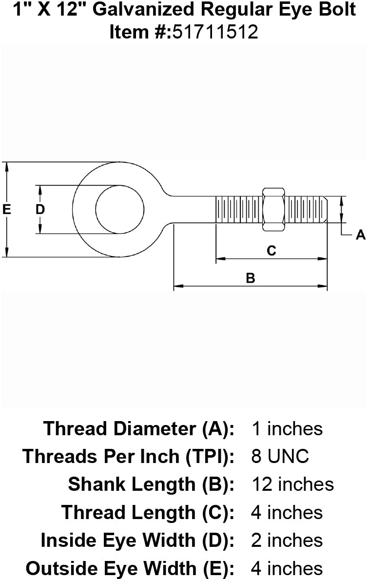 1 inch X 12 inch Eyebolt specification diagram