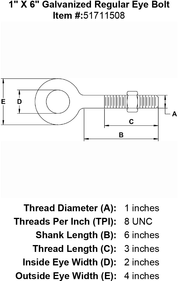 1 inch X 6 inch Eyebolt specification diagram