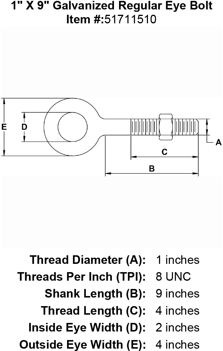 1 inch X 9 inch Eyebolt specification diagram