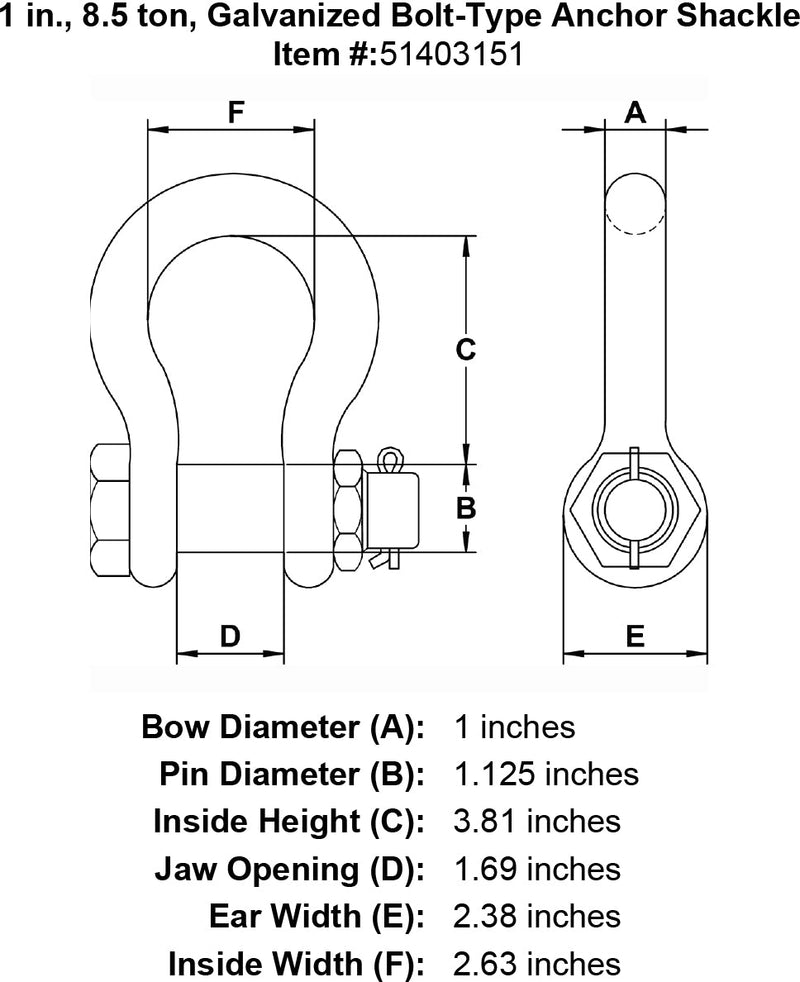 1 inch bolt type shackle specification diagram