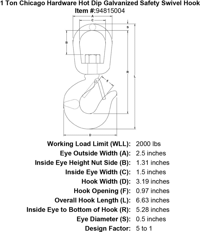 1 ton chicago hardware hot dip galvanized safety swivel hook specification diagram
