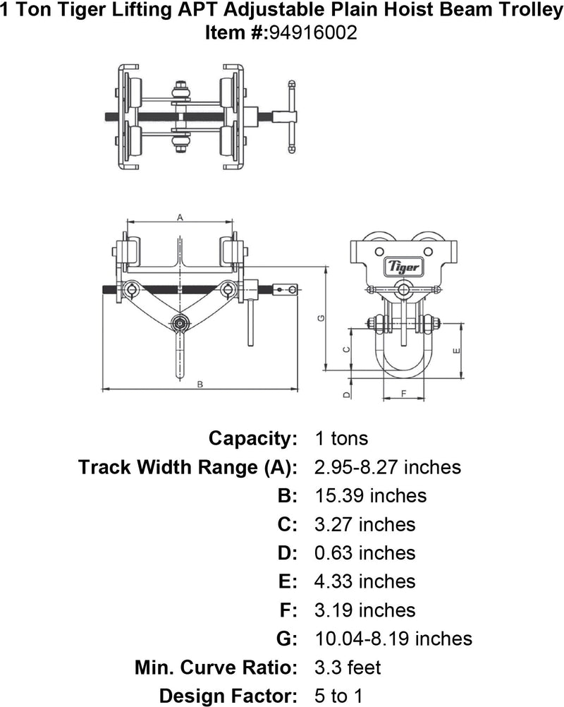 1 ton tiger lifting apt adjustable plain hoist beam trolley specification diagram