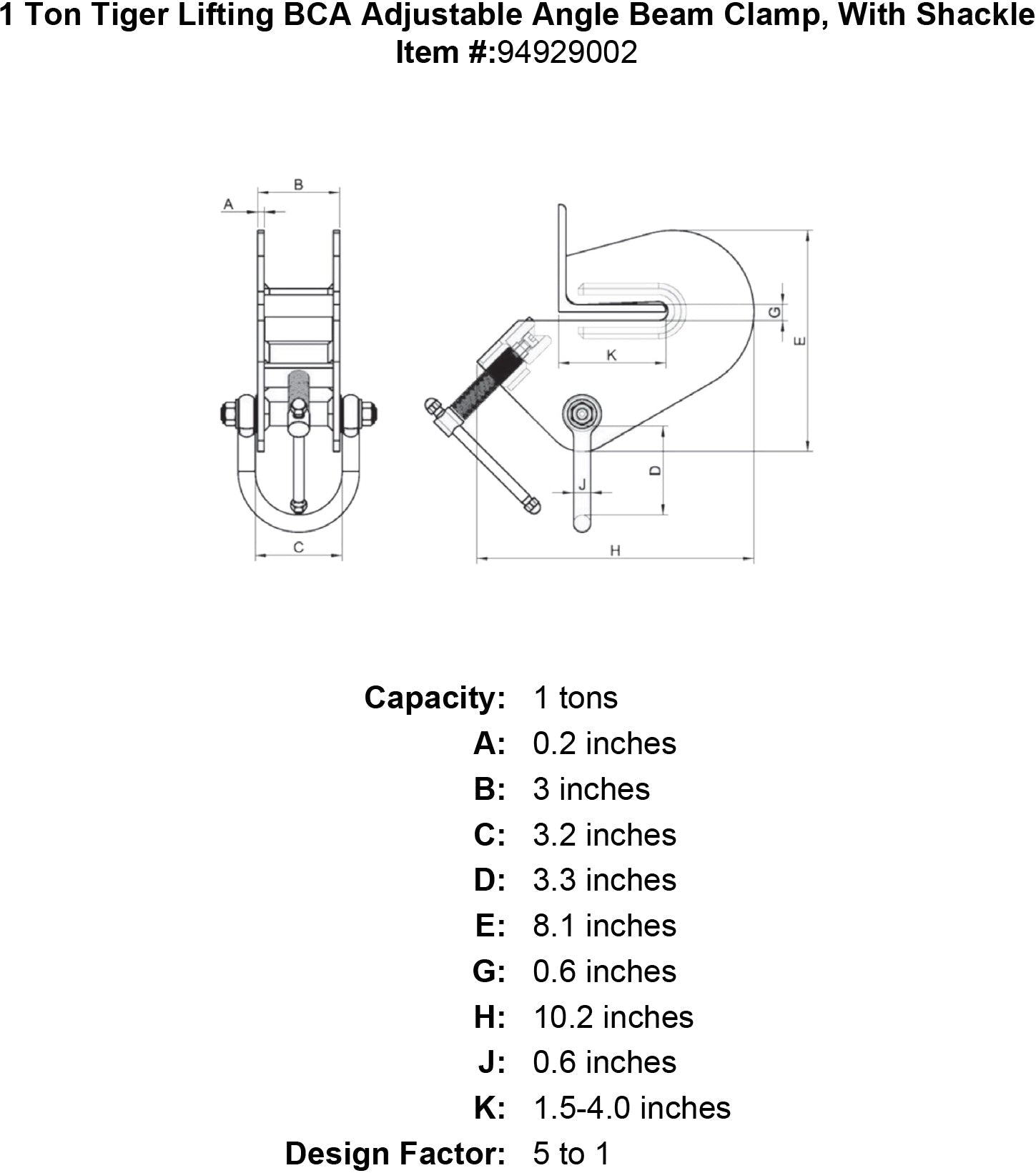 3 Ton Tiger Lifting BCA Adjustable Angle Beam Clamp, With Shackle