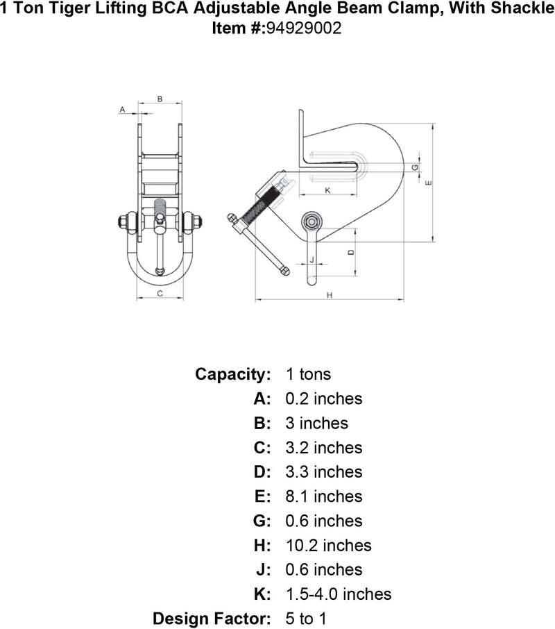 1 ton tiger lifting bca adjustable angle beam clamp with shackle specification diagram