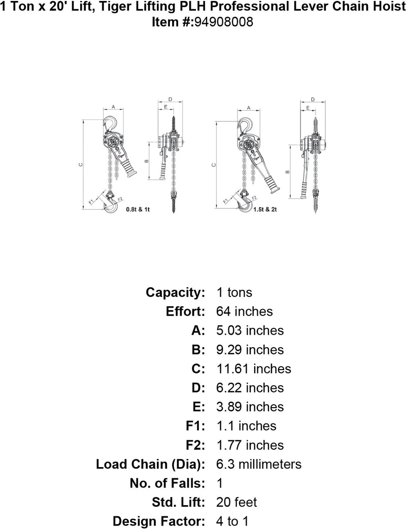 1 ton x 20 lift tiger lifting plh professional lever chain hoist specification diagram
