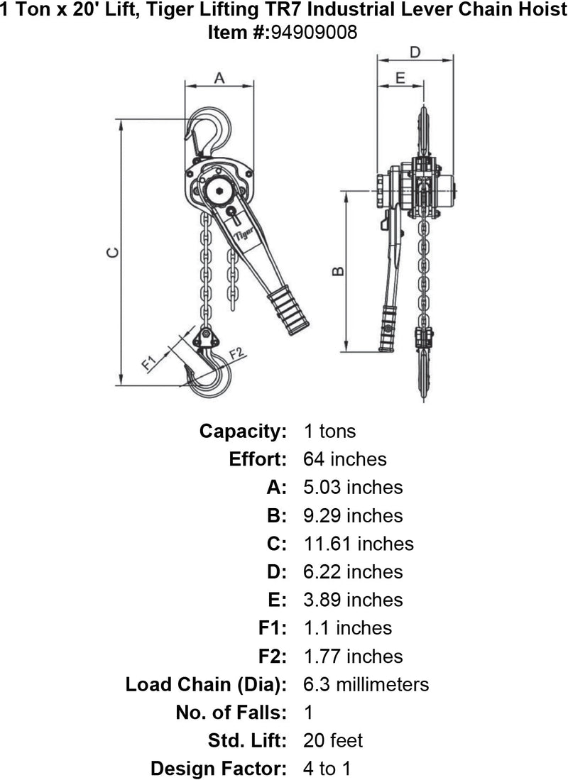 1 ton x 20 lift tiger lifting tr7 industrial lever chain hoist specification diagram