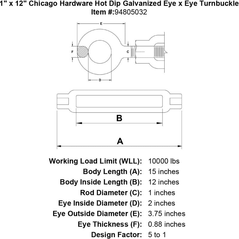 1 x 12 chicago hardware hot dip galvanized eye x eye turnbuckle specification diagram