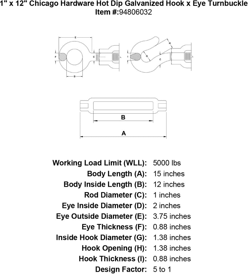 1 x 12 chicago hardware hot dip galvanized hook x eye turnbuckle specification diagram