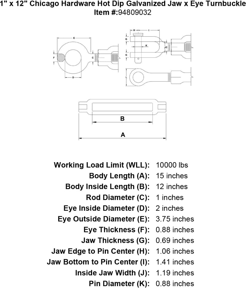 1 x 12 chicago hardware hot dip galvanized jaw x eye turnbuckle specification diagram