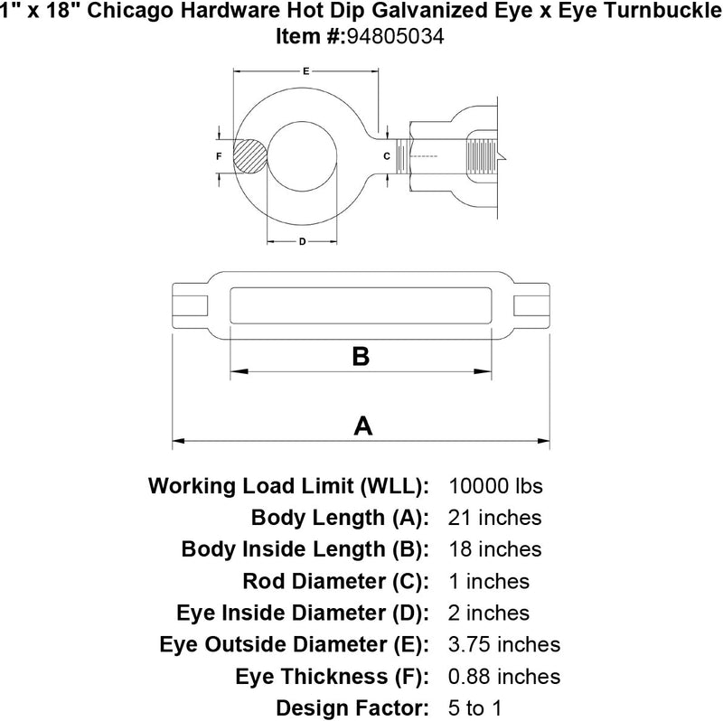 1 x 18 chicago hardware hot dip galvanized eye x eye turnbuckle specification diagram