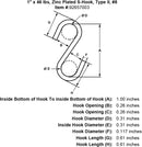 1 x 46 lbs Zinc Plated S Hook Type II specification diagram