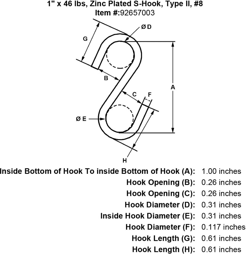 1 x 46 lbs Zinc Plated S Hook Type II specification diagram