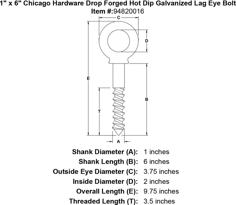 1 x 6 chicago hardware drop forged hot dip galvanized lag eyebolt specification diagram