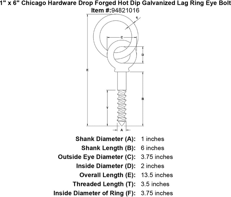1 x 6 chicago hardware drop forged hot dip galvanized lag ring eyebolt specification diagram