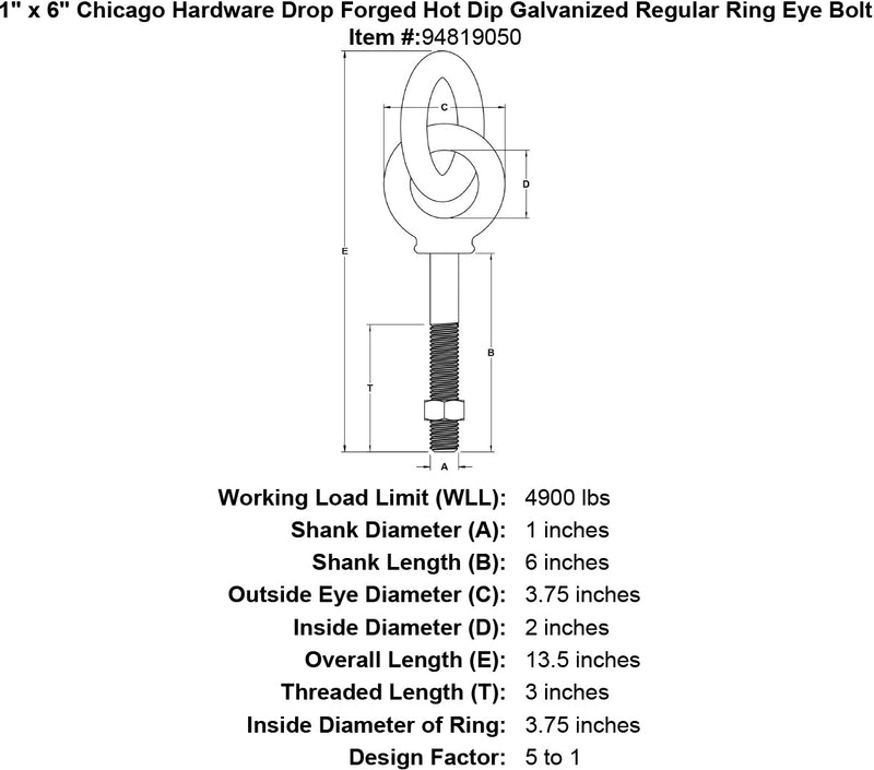 1 x 6 chicago hardware drop forged hot dip galvanized regular ring eyebolt specification diagram