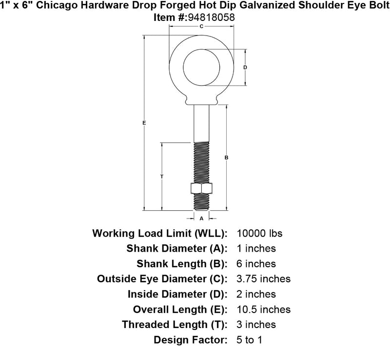 1 x 6 chicago hardware drop forged hot dip galvanized shoulder eyebolt specification diagram