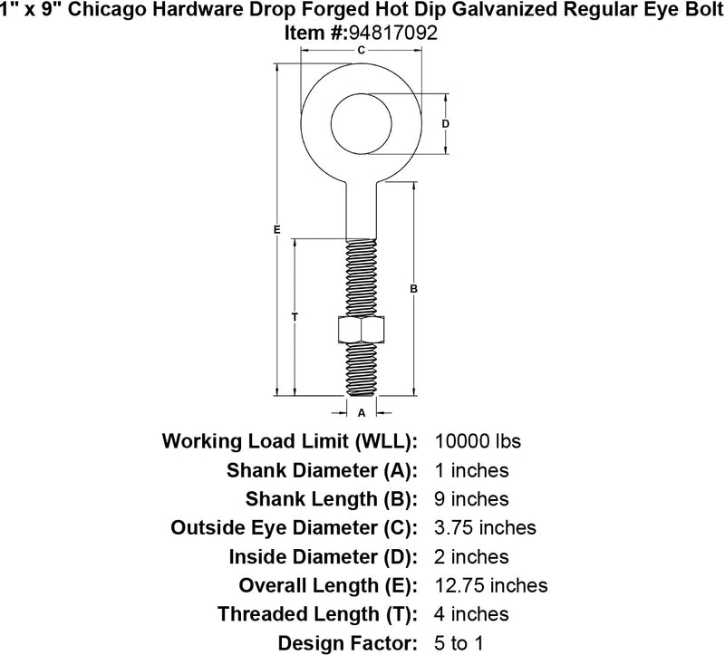1 x 9 chicago hardware drop forged hot dip galvanized regular eyebolt specification diagram