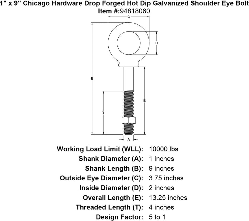 1 x 9 chicago hardware drop forged hot dip galvanized shoulder eyebolt specification diagram