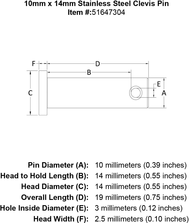10 x 14 Stainless Steel Clevis Pin specification diagram