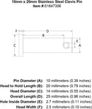 10 x 20 Stainless Steel Clevis Pin specification diagram