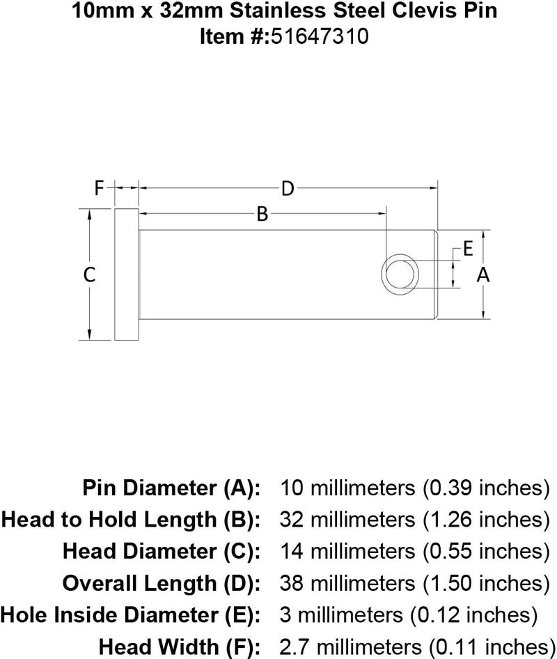 10 x 32 Stainless Steel Clevis Pin specification diagram