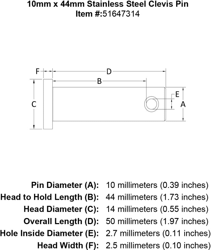 10 x 44 Stainless Steel Clevis Pin specification diagram