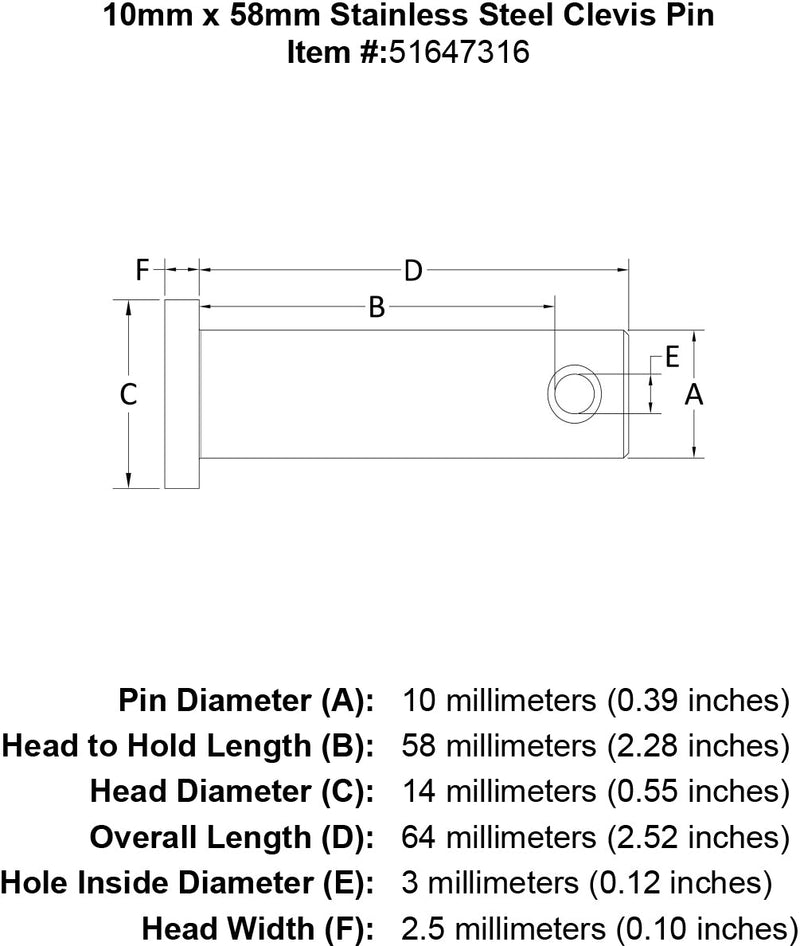 10 x 58 Stainless Steel Clevis Pin specification diagram