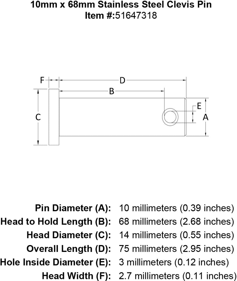 10 x 68 Stainless Steel Clevis Pin specification diagram