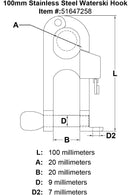 100mm Stainless Steel Waterski Hook specification diagram