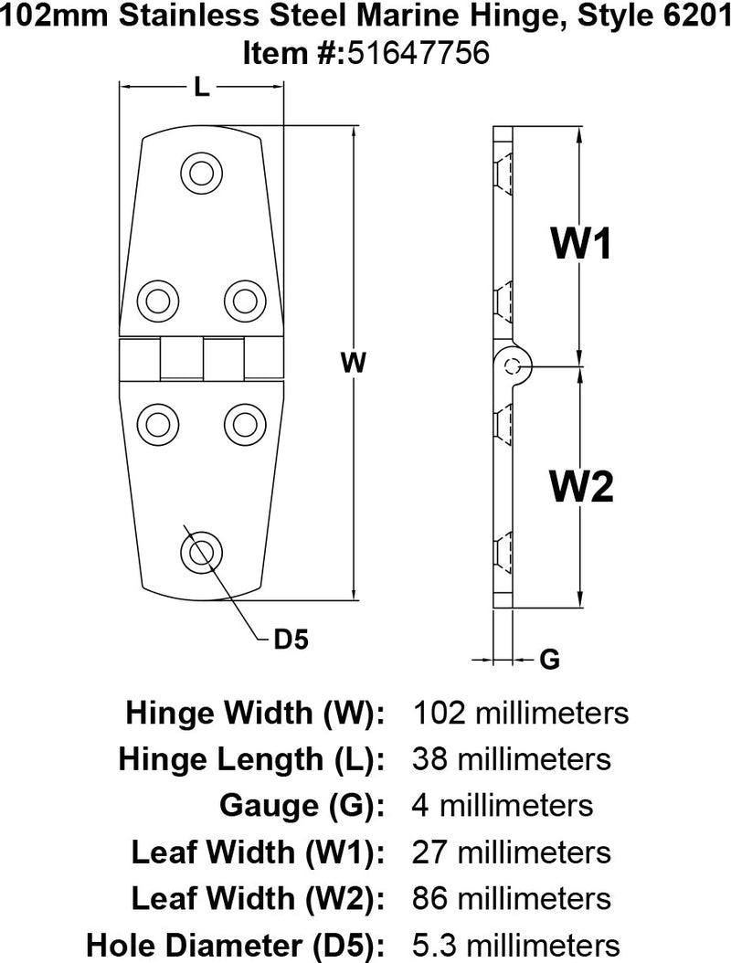 102mm Stainles Steel Marine Hinge Style 6201 specification diagram