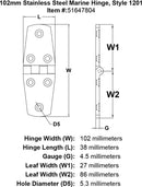 102mm Stainless Steel Marine Hinge Style 1201 specification diagram