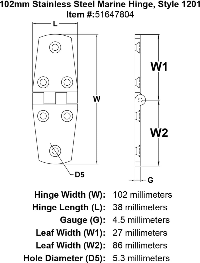 102mm Stainless Steel Marine Hinge Style 1201 specification diagram
