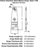 103mm Stainless Steel Marine Hinge Style 1165 specification diagram