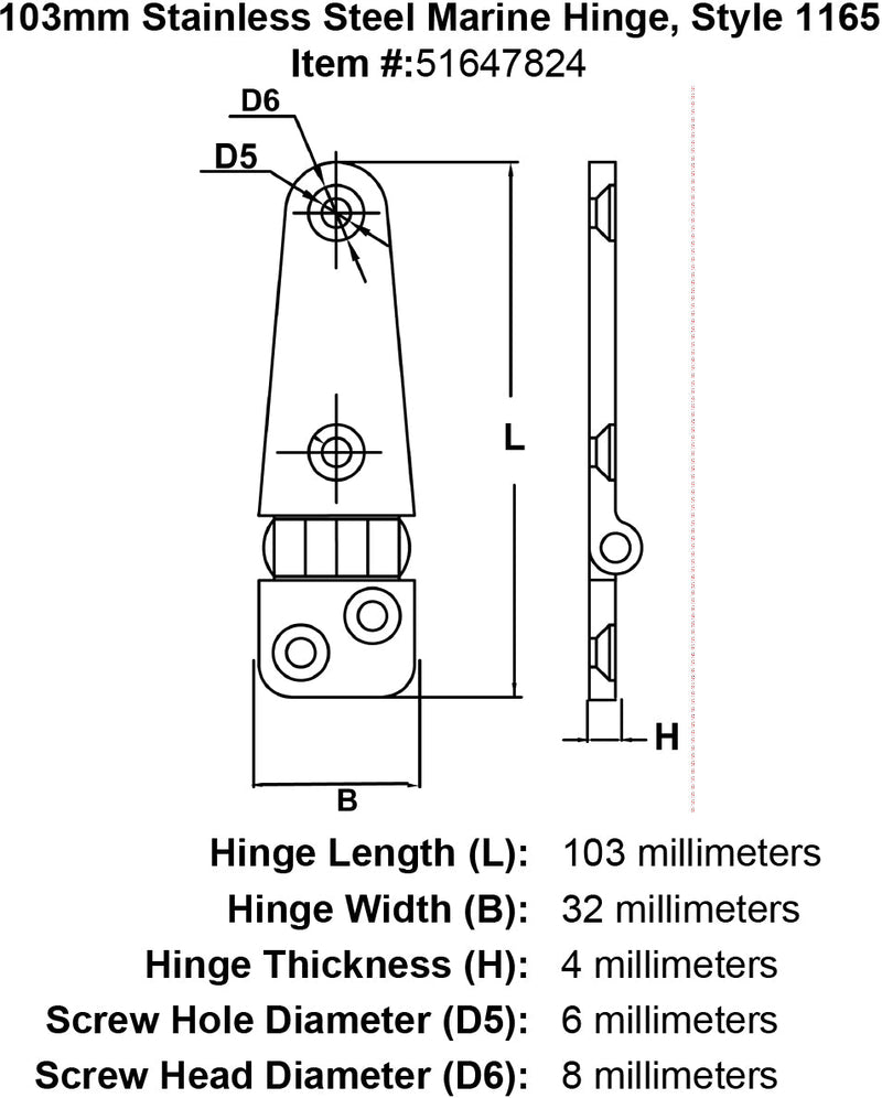 103mm Stainless Steel Marine Hinge Style 1165 specification diagram