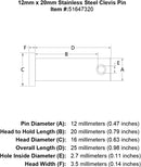 12 x 20 Stainless Steel Clevis Pin specification diagram