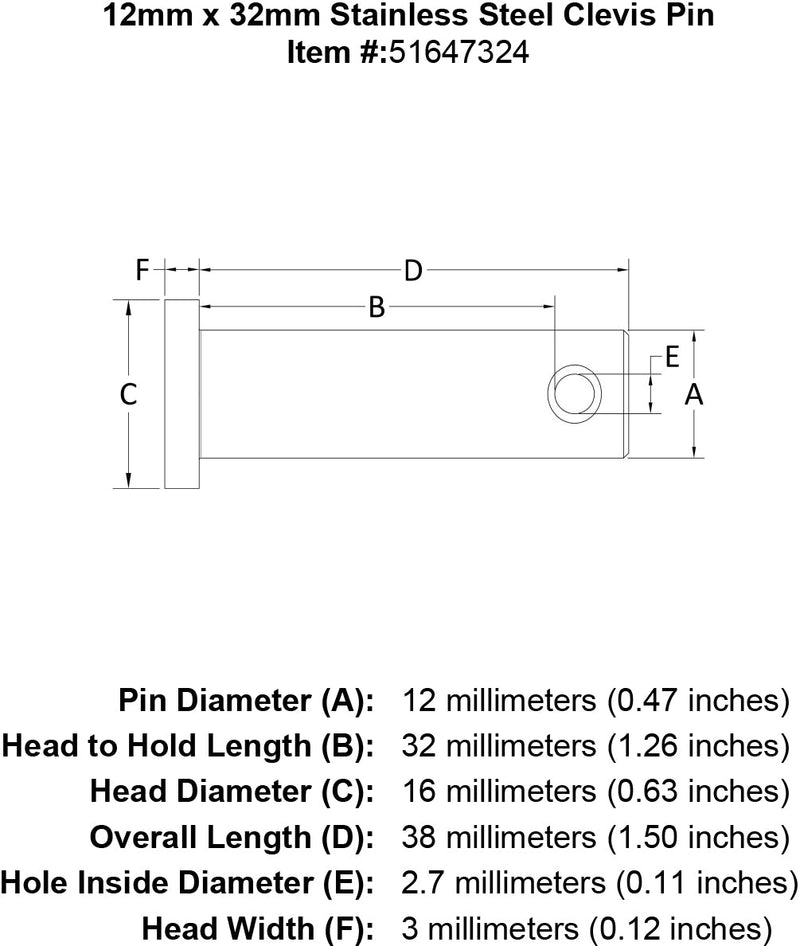 12 x 32 Stainless Steel Clevis Pin specification diagram