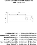 12 x 44 Stainless Steel Clevis Pin specification diagram