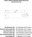 12 x 84 Stainless Steel Clevis Pin specification diagram