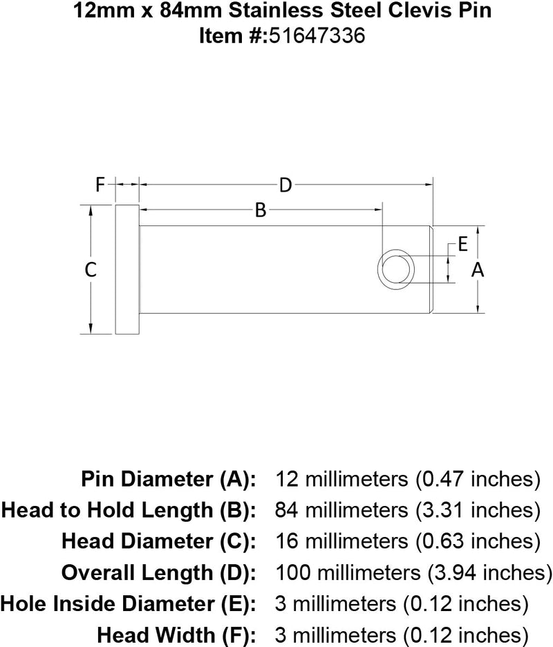 12 x 84 Stainless Steel Clevis Pin specification diagram