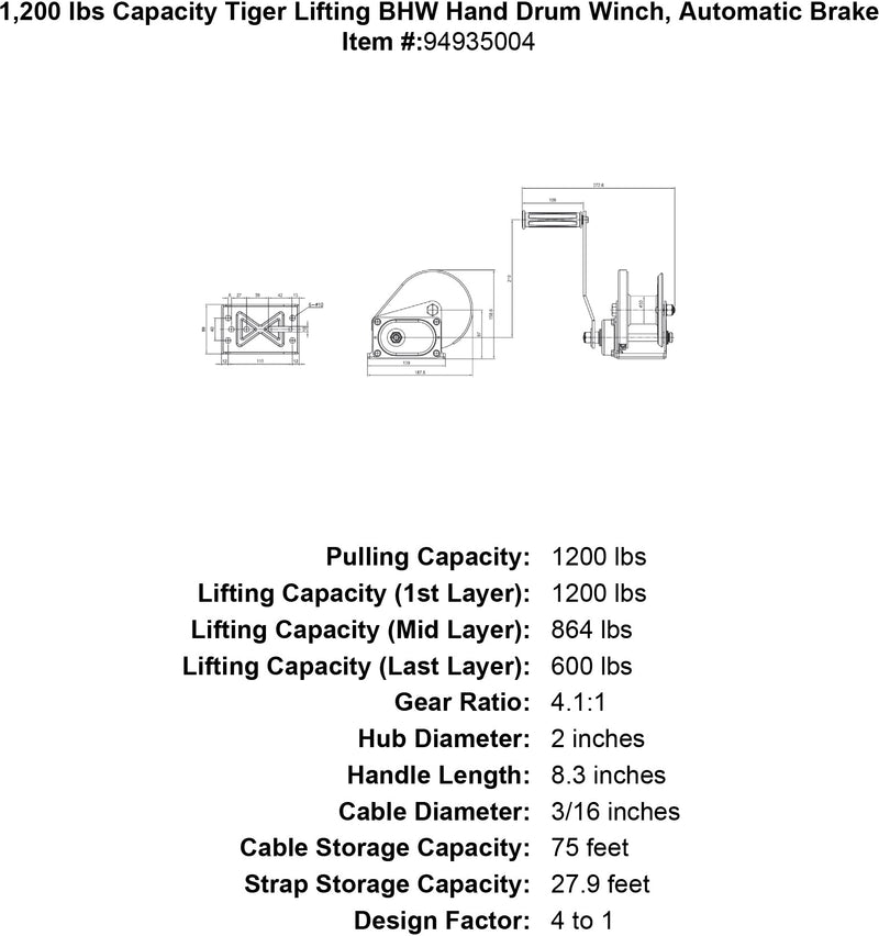 1200 lbs capacity tiger lifting bhw hand drum winch automatic brake specification diagram