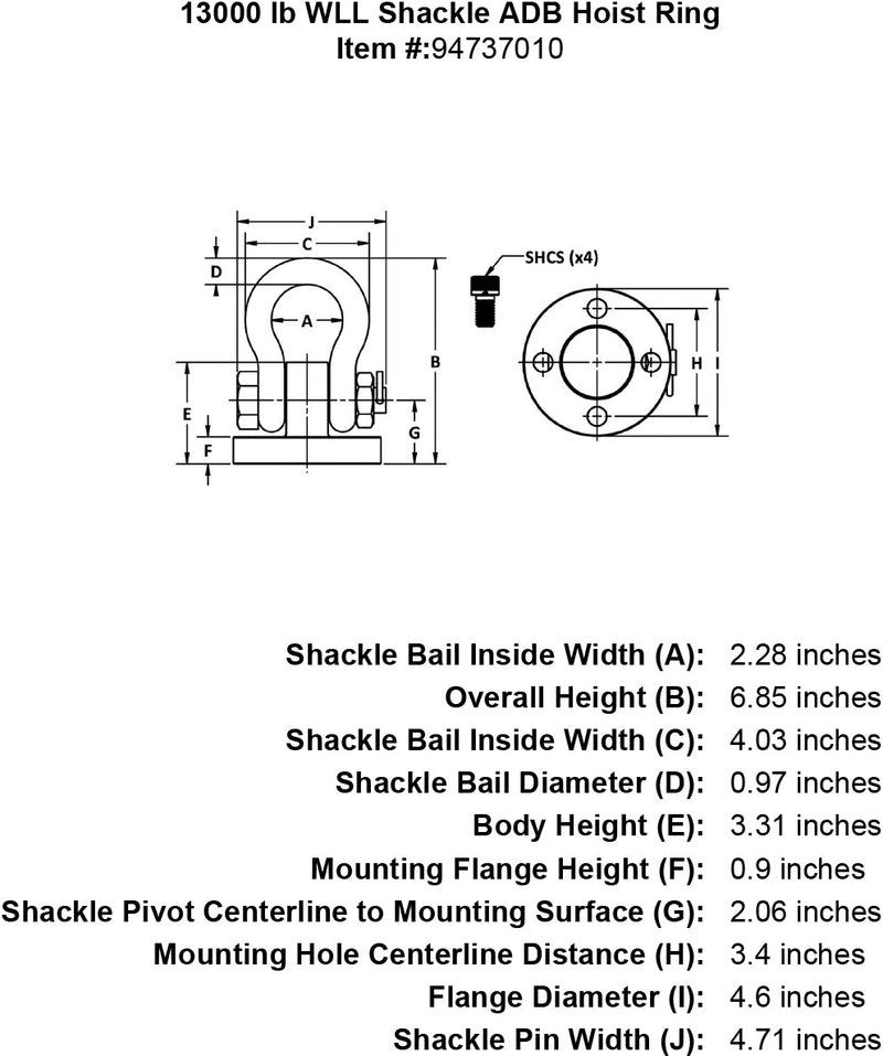13000 lb WLL Shackle Hoist Ring specification diagram