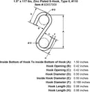 15 x 117 lbs Zinc Plated S Hook Type II specification diagram