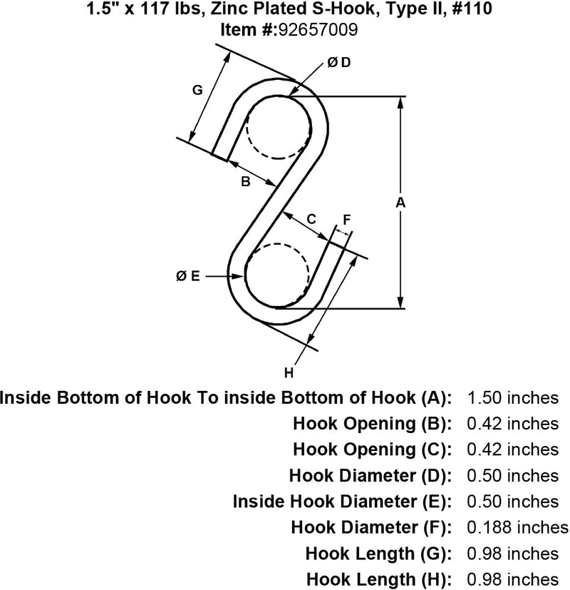 15 x 117 lbs Zinc Plated S Hook Type II specification diagram
